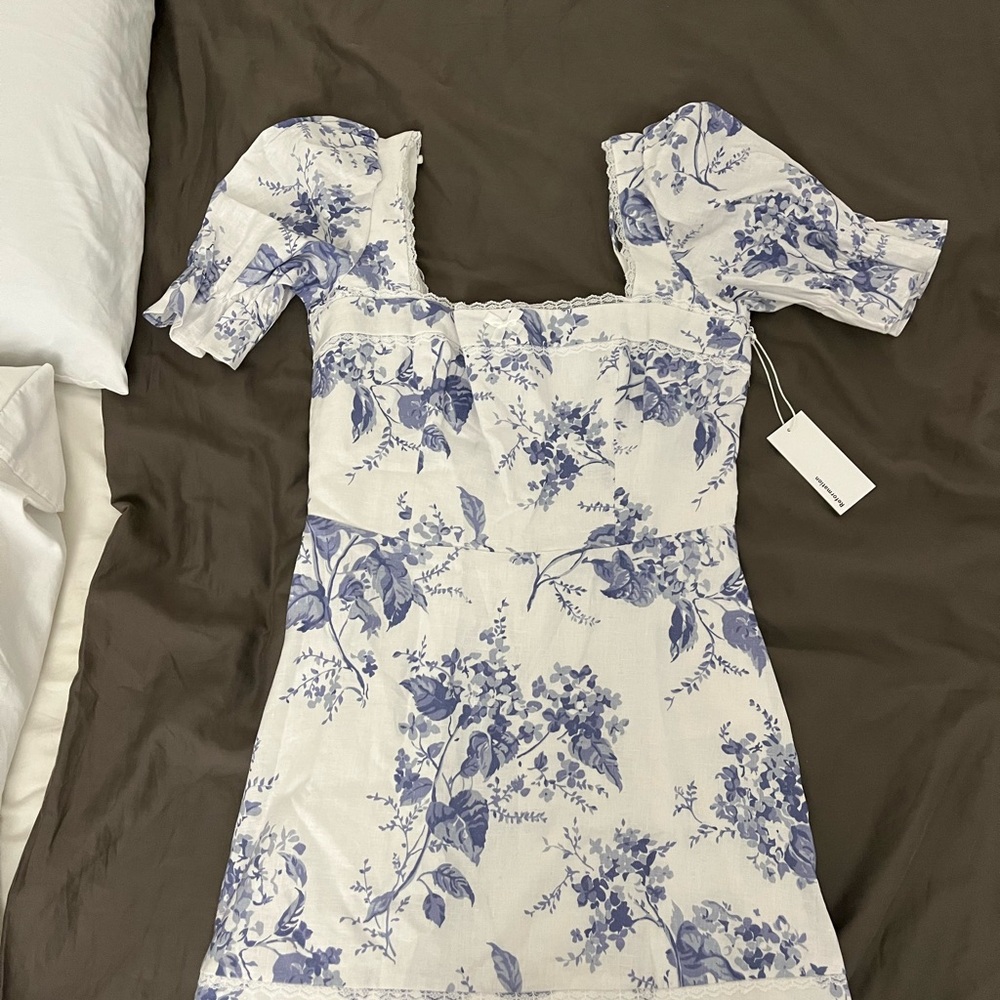 Reformation Blue and White Puff Sleeve Mini Sundress